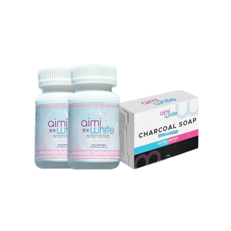 [2+1 Promo] 2x Aimi White Glutathione - 500mg 60 Capsules (+FREE Charcoal Soap)