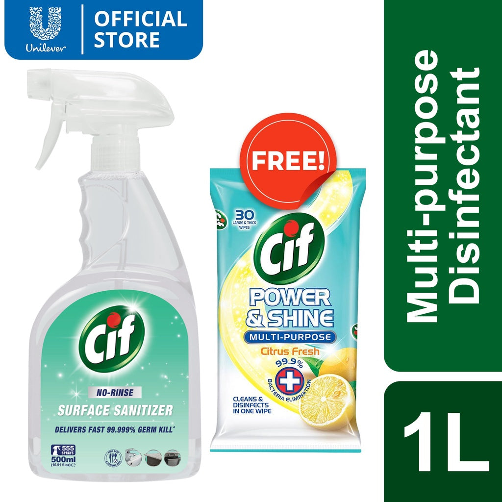 Cif Pro No-Rinse Sanitizer 500ml With Free Cif Power & Shine Multi-Purpose Citrus Fresh 30ct