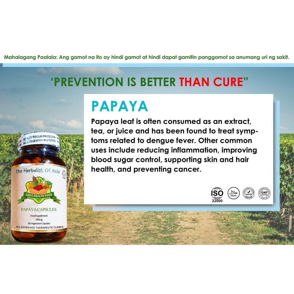 Organic Papaya 500mg 90 Vegetarian Capsules | The Herbalist Of Asia