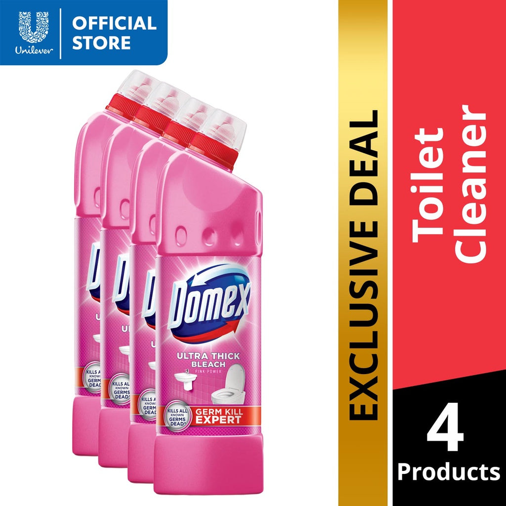 Domex Ultra Thick Bleach Toilet Cleaner Pink Power 900ml Bottle x4
