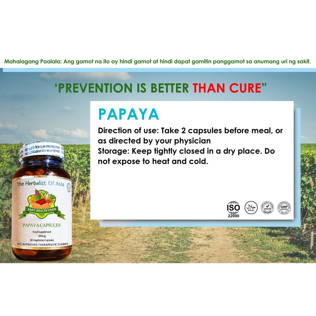 Organic Papaya 500mg 90 Vegetarian Capsules | The Herbalist Of Asia