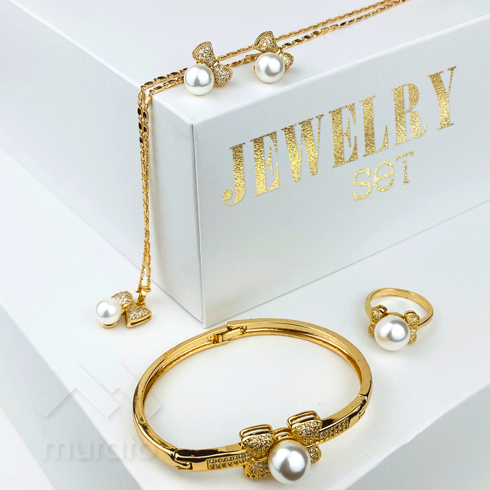 Ribbon Pearl White Diamonds Gold Jewelry Set