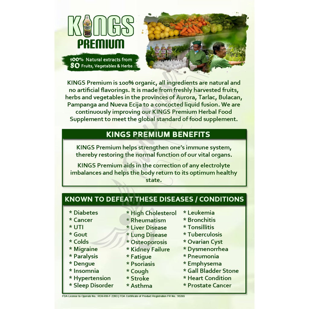 KINGS Herbal is enriched with 100% concentrates made from 80 kinds of fruits, vegetables, and herbs - freshly harvested from farms in Bulacan, Nueva Ecija, and Tarlac. The resulting mixture is made into a ready-to-drink formulation (herbal fusion) to prevent alteration and disintegration of nutrients. REH Herbal is a company engaged in the manufacture of Herbal Products as discovered and continuously being developed by our herbalist, Renato Evangelista Herrera - Ka Rey Herrera.  