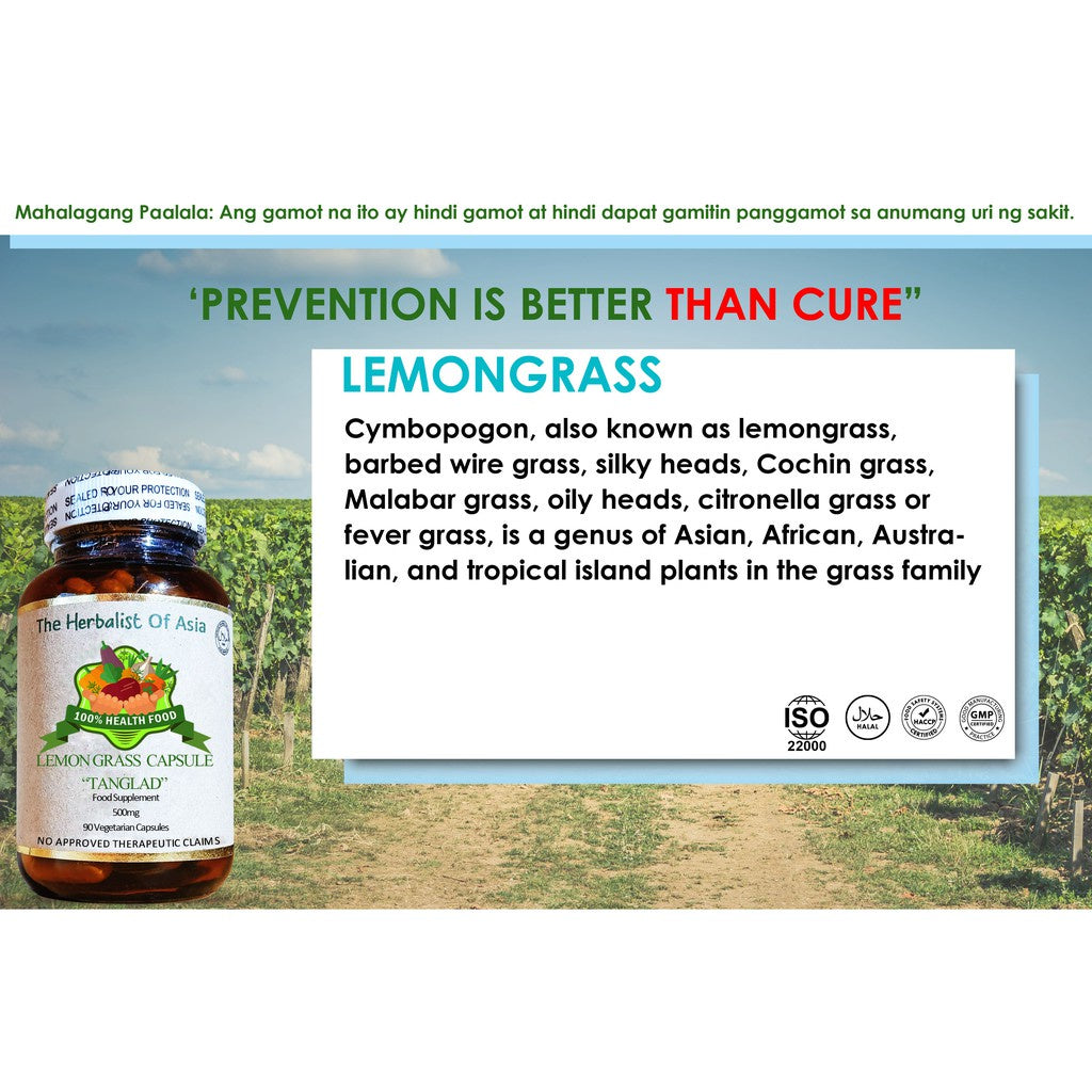 Organic Lemon Grass (Tanglad) 500mg 90 Vegetarian Capsules | The Herbalist Of Asia